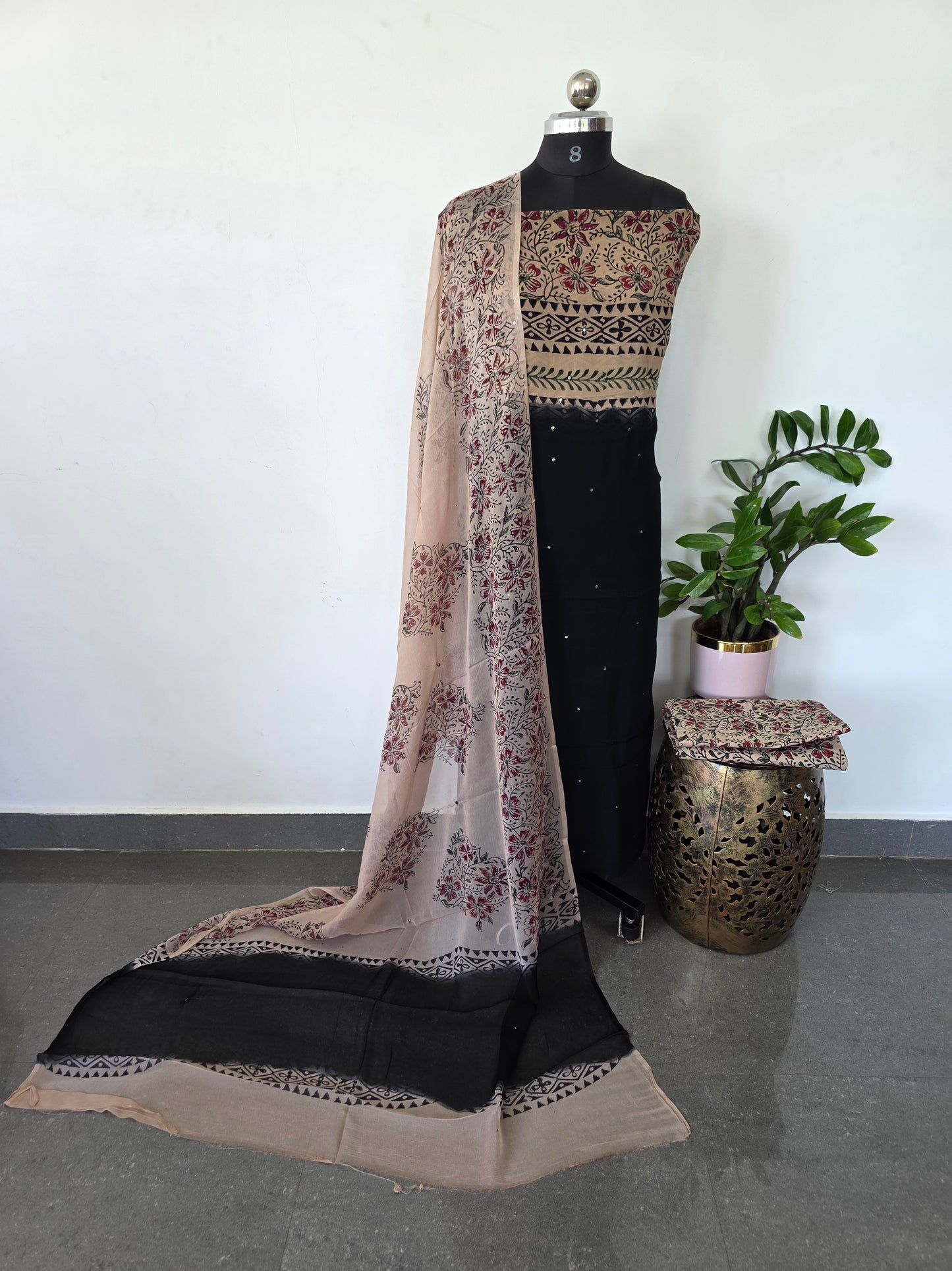 Handblock georgette salwar set with handwork mirror work- GE154