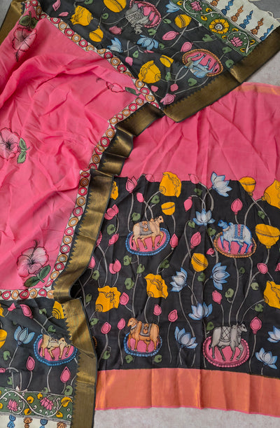 Handcrafted Kalahasthi Penkalamkari bangalore silk set - KH150