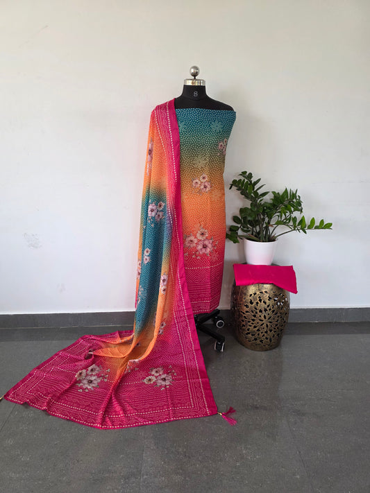 Fancy muslin bandhini digital silk set - pink