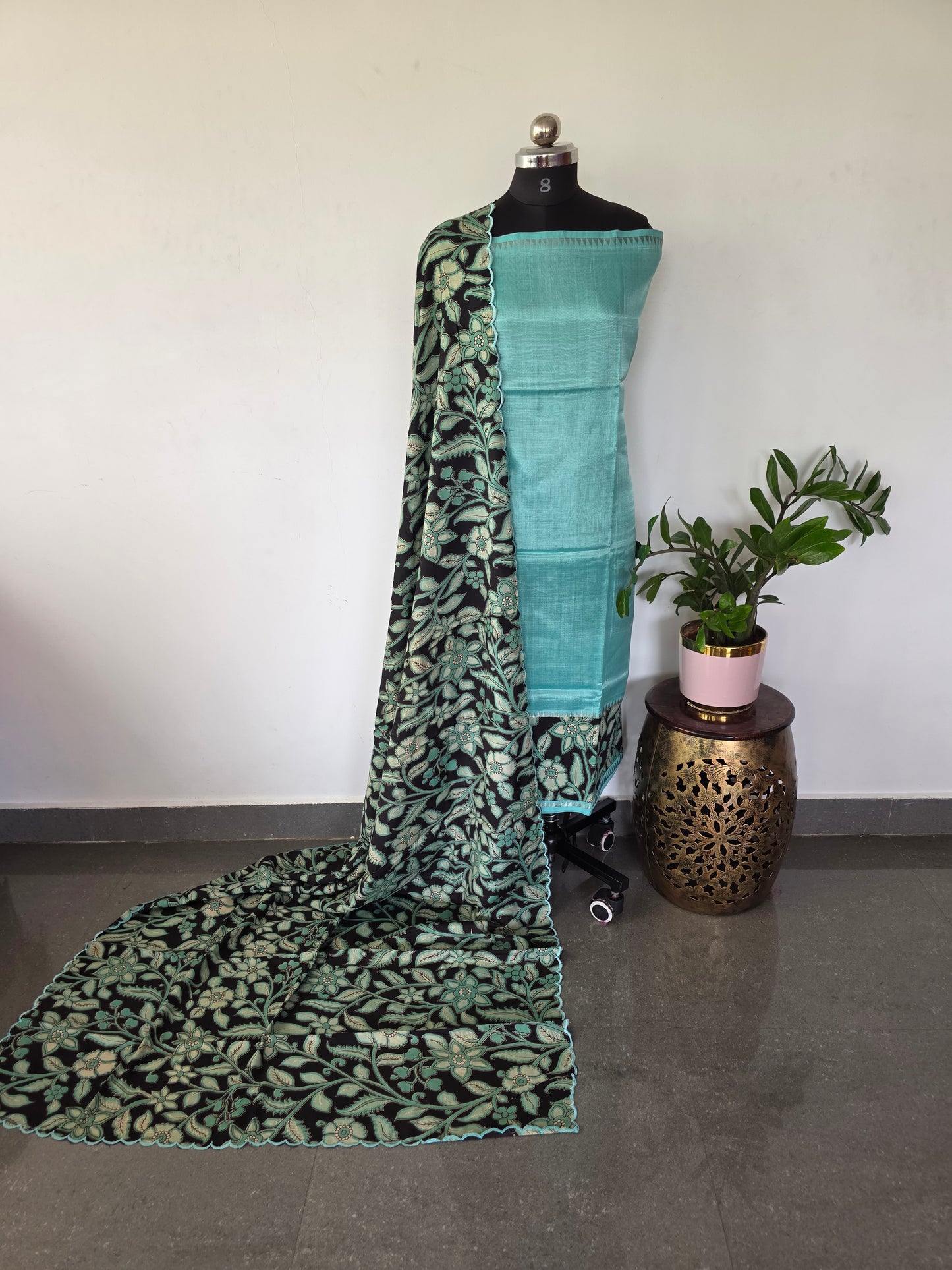 Handloom fusion mangalagiri  kalamkari gap border  silk salwar set - AK281