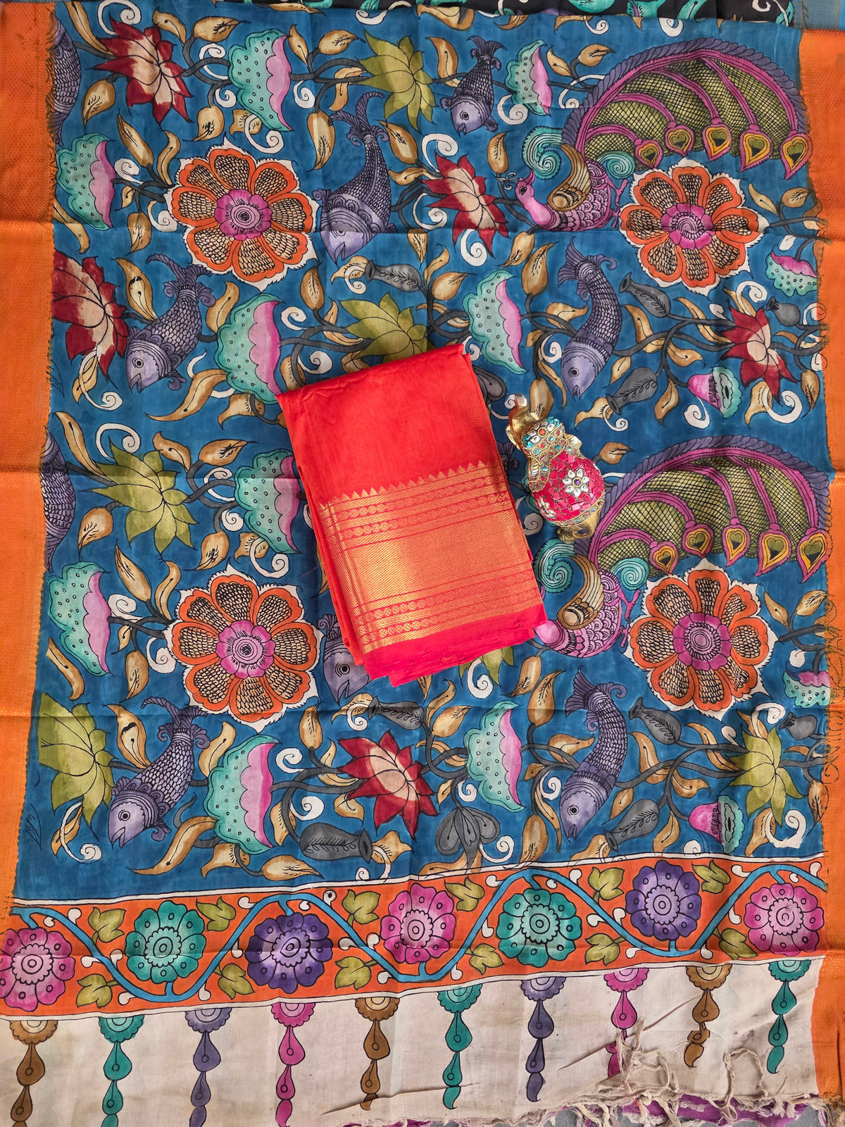 Handloom mangalagiri pattu with penkalamkari duppatta -MP7