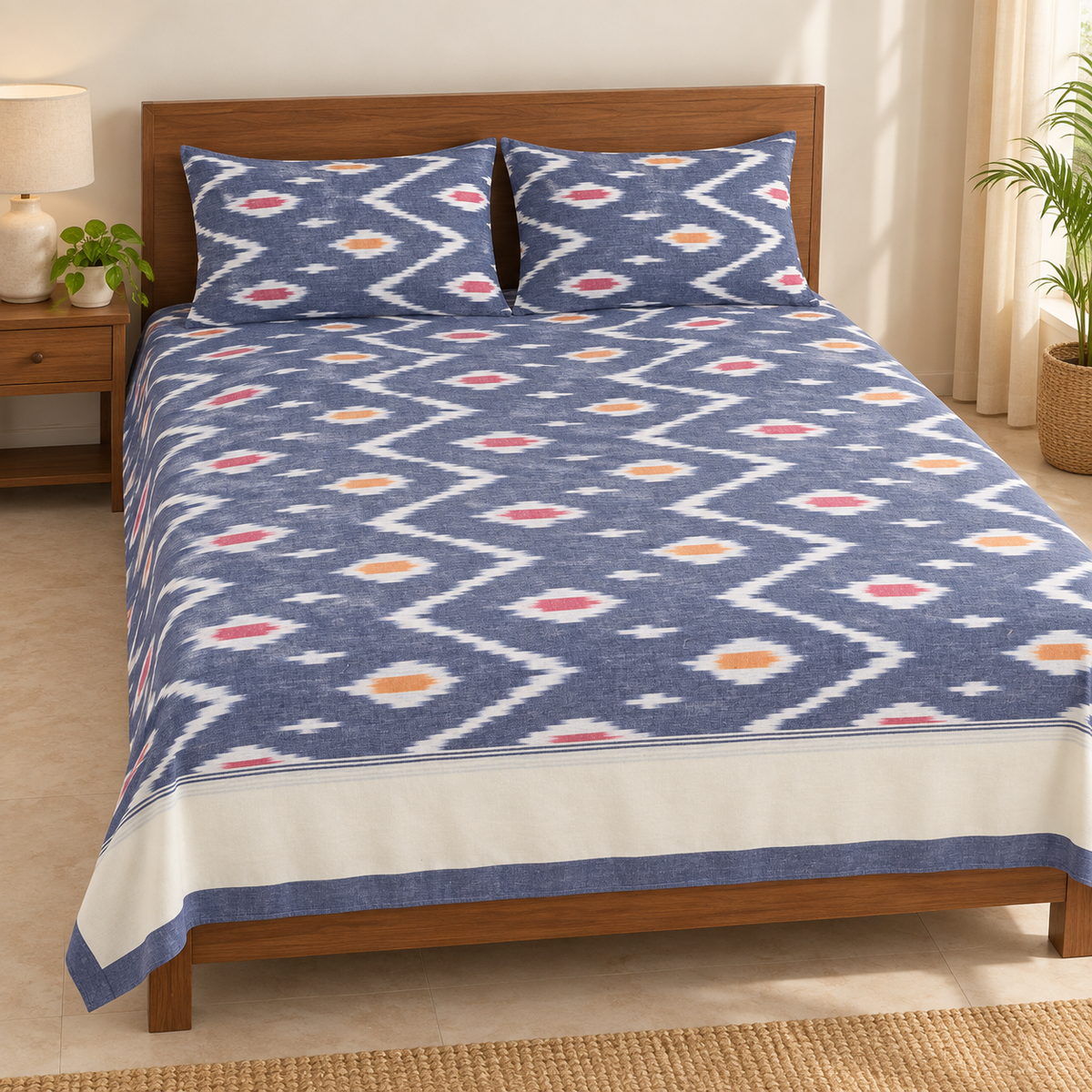 Warp ikkat bed sheets (90*108 2/40s bedsheet with pillow) -WW681