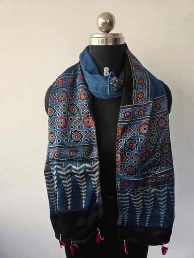 Ajrakh Handblock natural dyed mashru silk stole-MV86