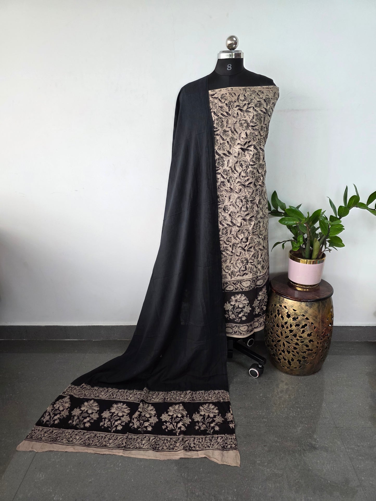 Handblock pure kalamkari cotton with border ( 2 pc set )- AK298