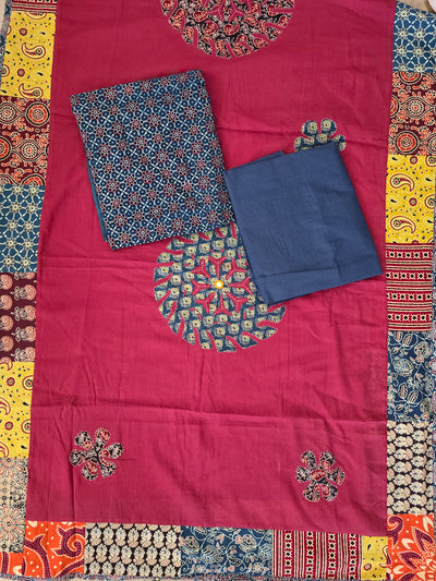Handcrafted ajrakh cotton top with applique cotton shawl - BAA41