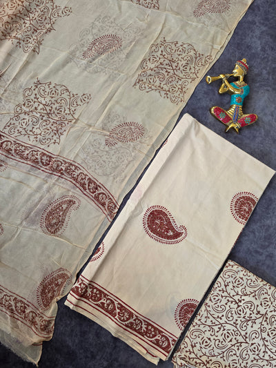 Handblock jaipuri cotton with chiffon shawl - JA589