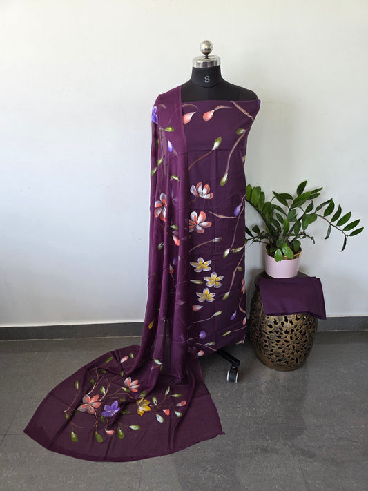 Handpainted Jaipuri pure cotton set with chiffon shawl - JA459