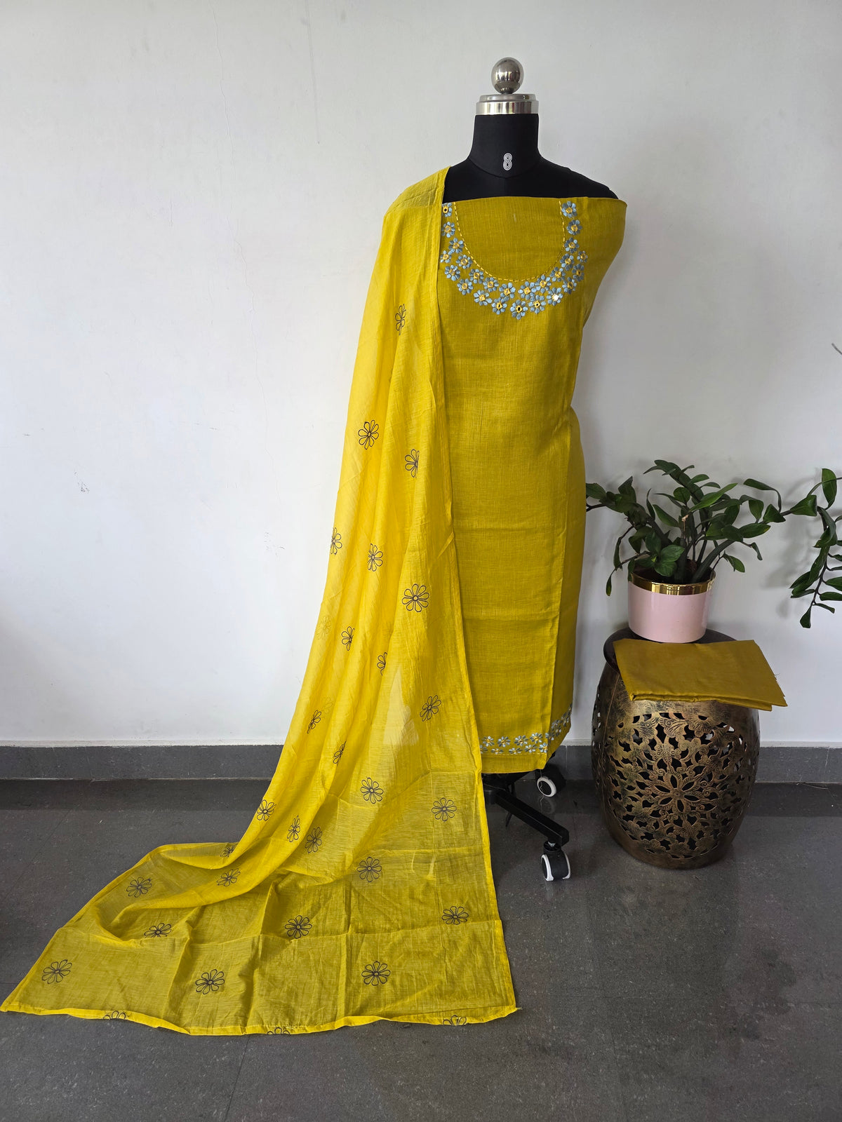 Melange yellow floral linen embroidery salwar set-FC78