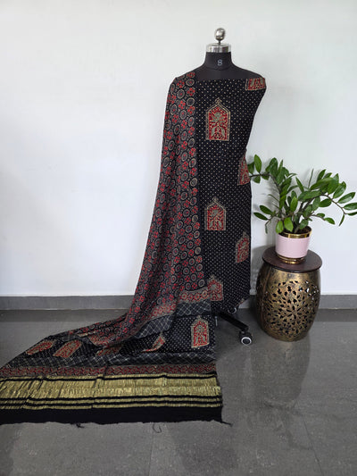 Handblock jaipuri satin modal silk set with lagdi patta pallu - HZ10