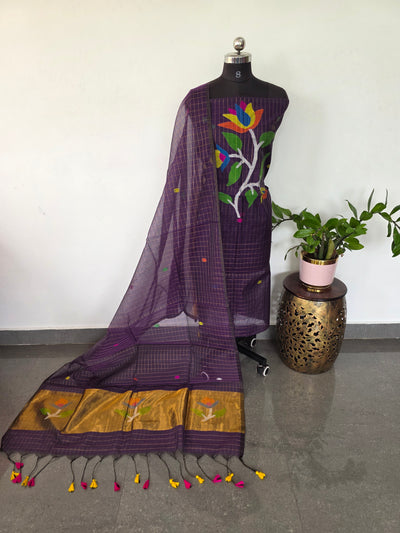 Checked Handloom muslin paithani jamdhani set - JMM375