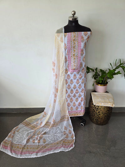 Jaipuri cotton block printed salwar set with crochet work dupatta - AS99