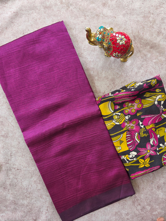 Premium plain semi mangalagiri pattu saree kalamkari silk blouse- MAA174