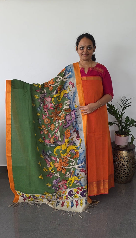 Premium mangalagiri handloom cotton with pure pen kalamkari duppatta - 120