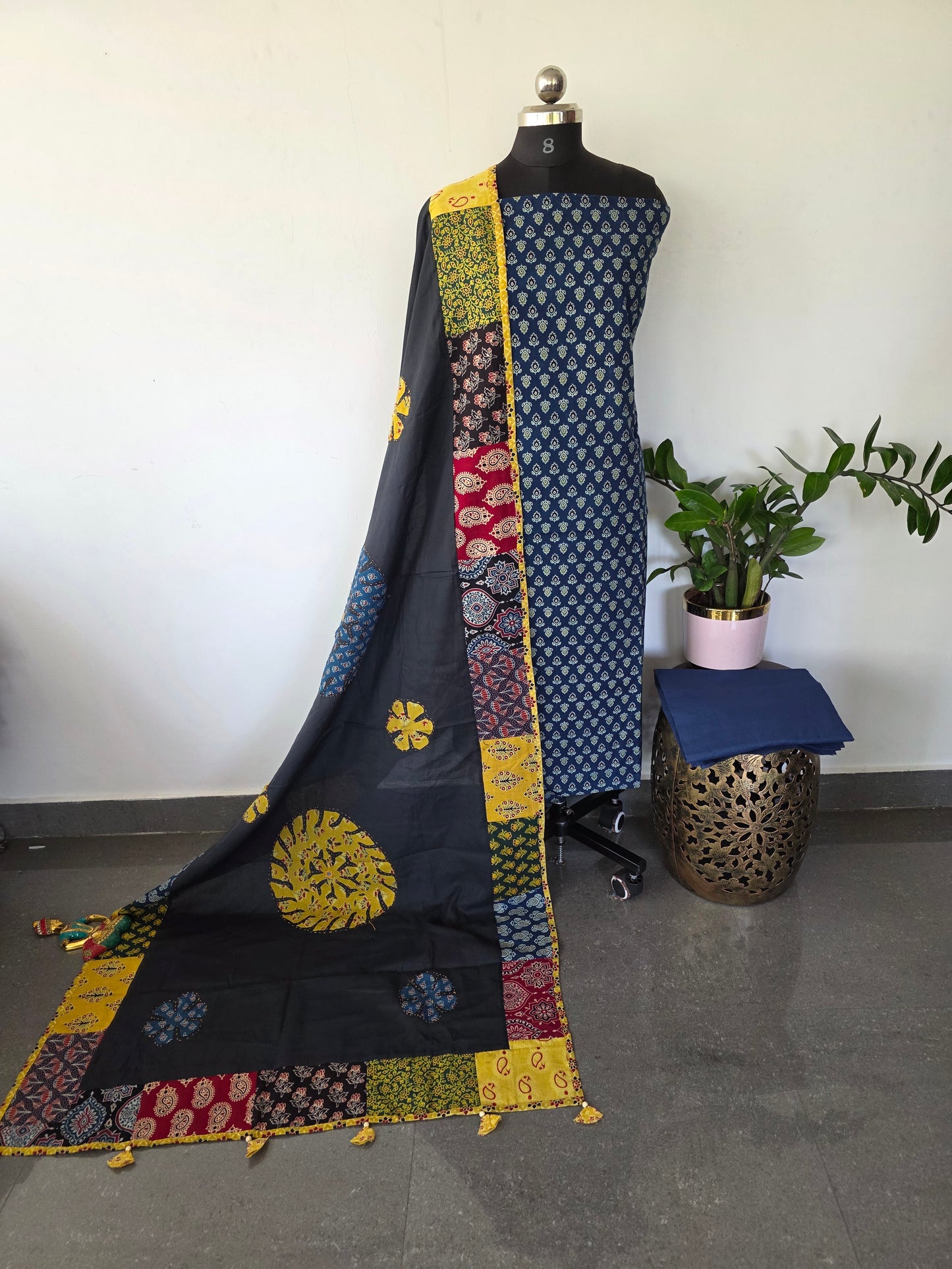Handcrafted ajrakh cotton top with applique cotton shawl - BAA33