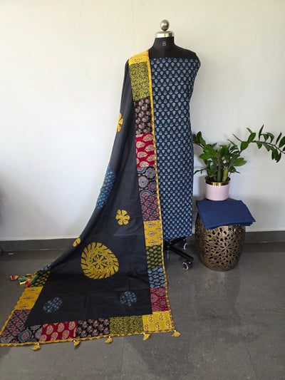 Handcrafted ajrakh cotton top with applique cotton shawl - BAA33