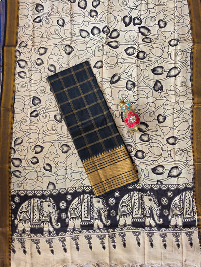 Handloom checked mangalagiri pattu top with chennuri kalamkari duppatta(Black) -AK611