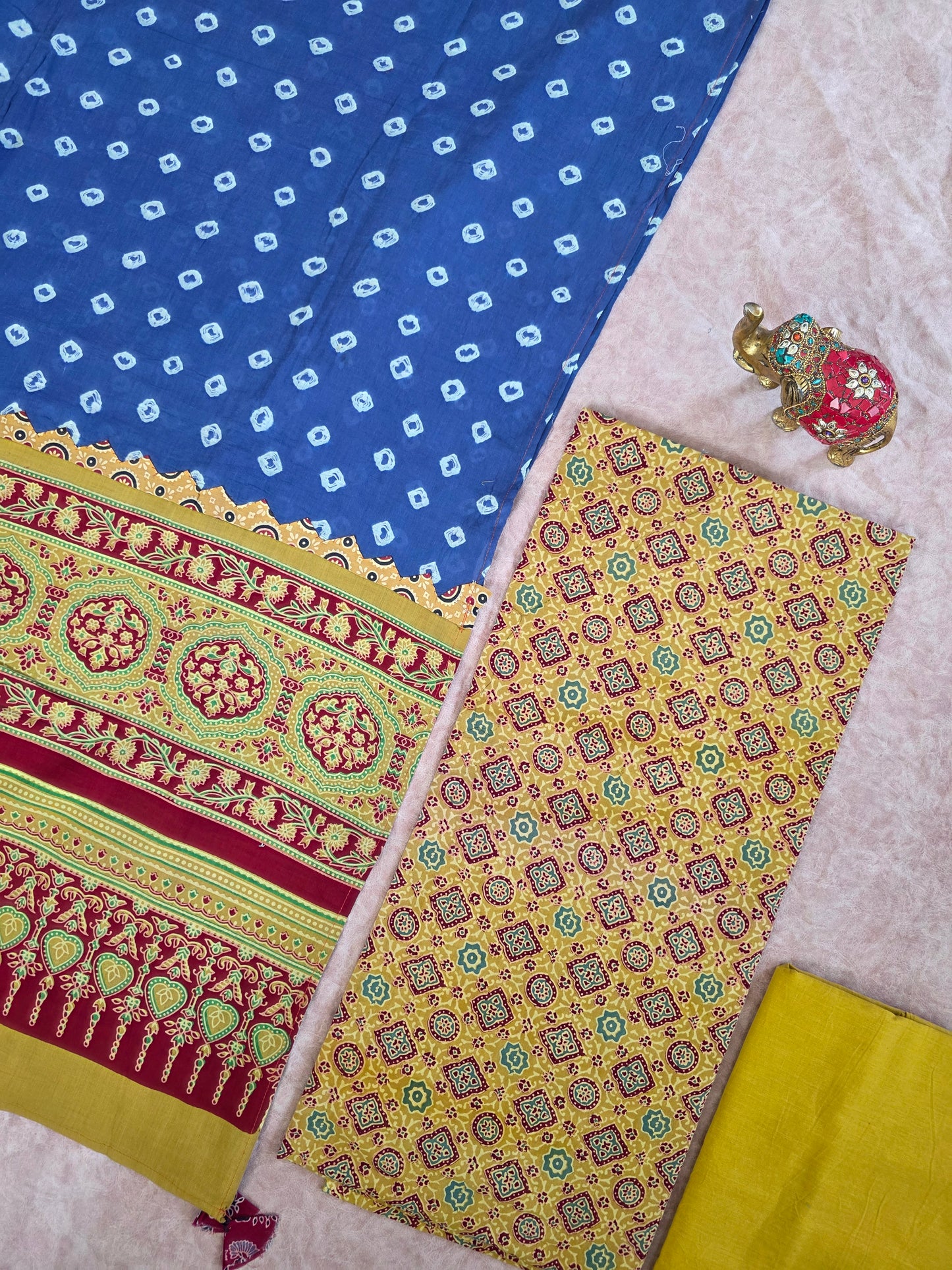 Handcrafted ajrakh cotton top with pure bandhani cotton shawl - BAA10