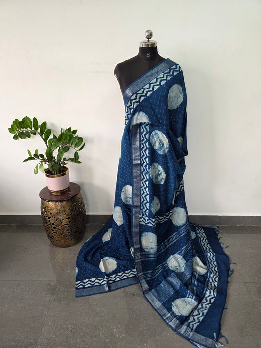 Handblock Jaipuri linen cotton saree - JA831