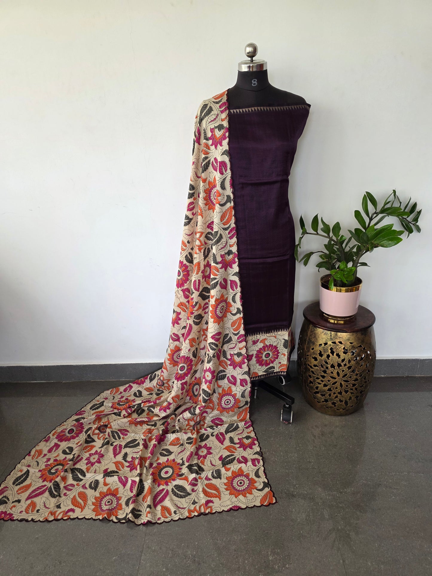 Handloom fusion mangalagiri  kalamkari gap border  silk salwar set - AK276