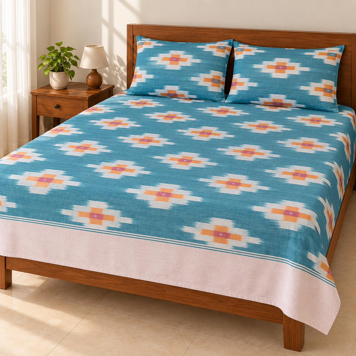 Warp ikkat bed sheets (90*108 2/40s bedsheet with pillow) -WW676