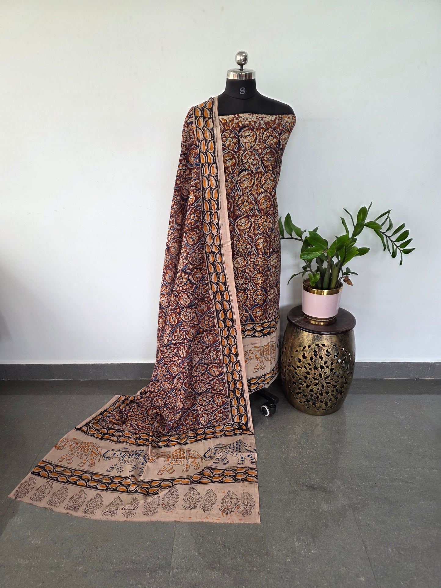 Handblock pure kalamkari cotton with border ( 2 pc set )- AK174