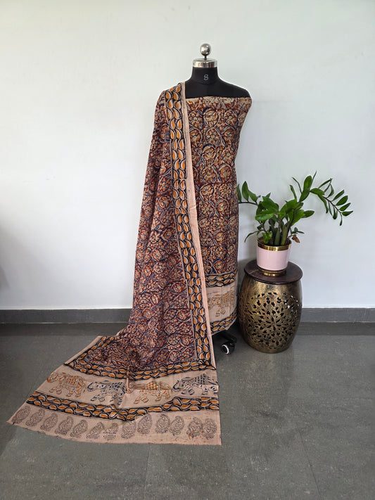 Handblock pure kalamkari cotton with border ( 2 pc set )- AK174