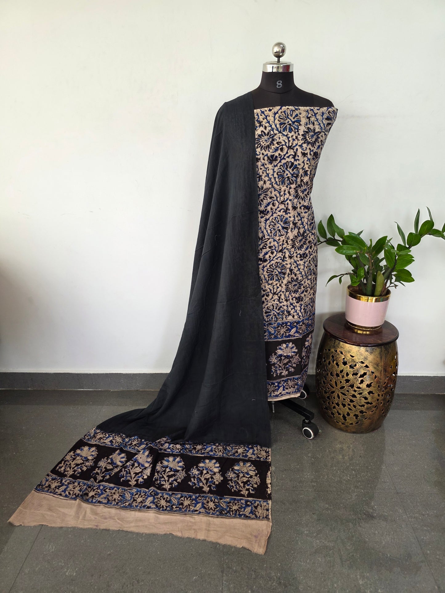 Handblock pure kalamkari cotton with border ( 2 pc set )- AK287
