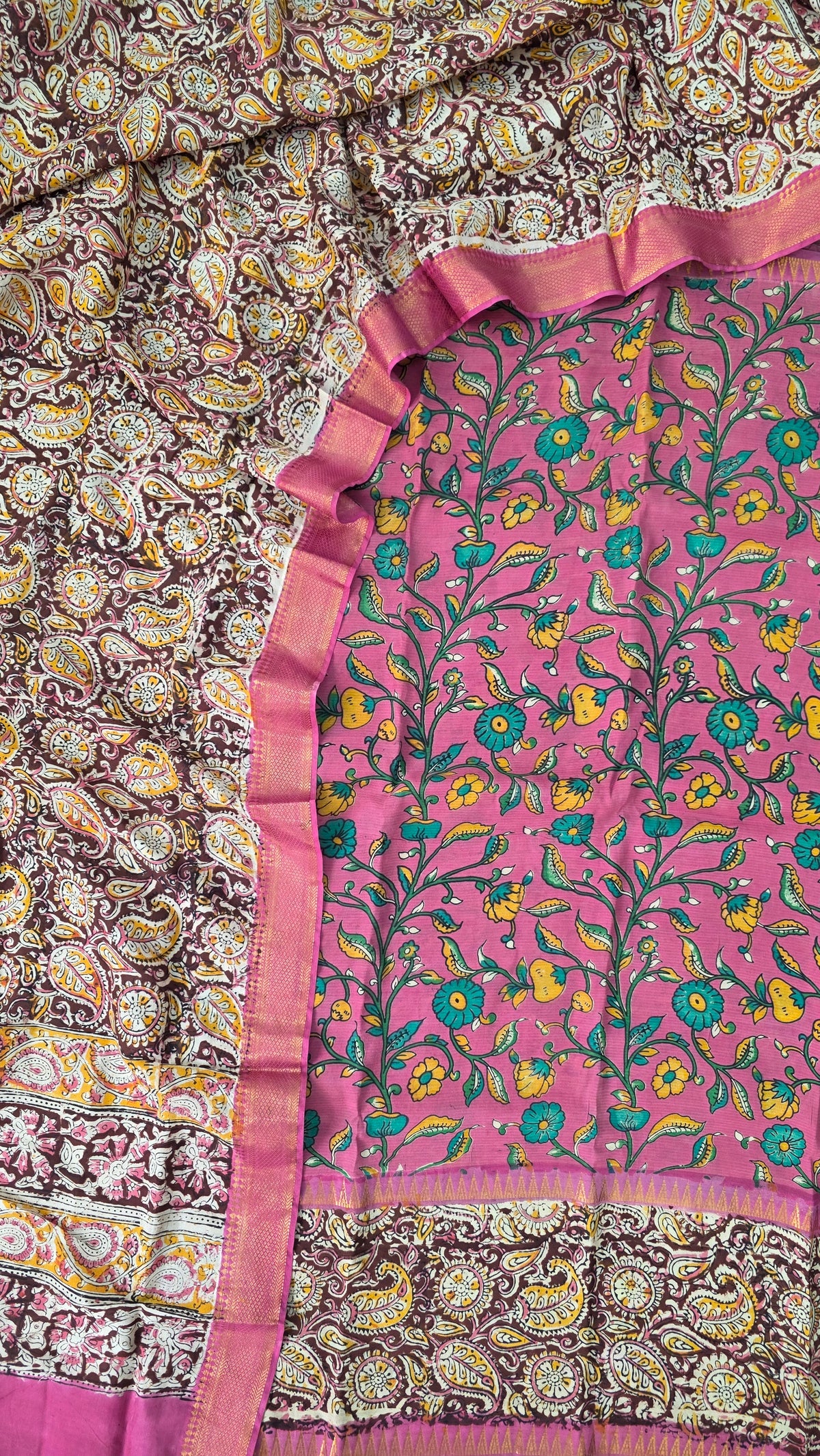 Mangalagiri kalamkari fusion gap border silk set-AK560