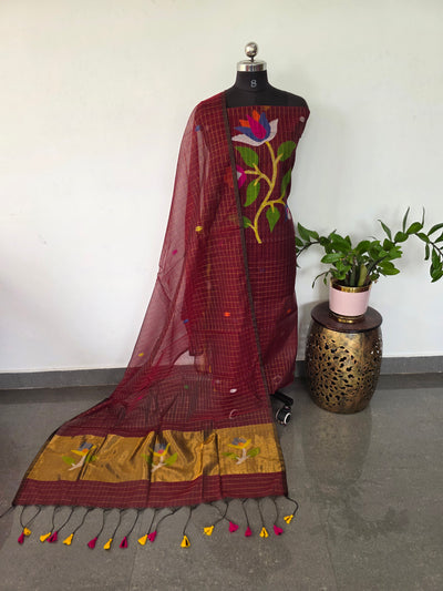 Checked Handloom muslin paithani jamdhani set - JMM373