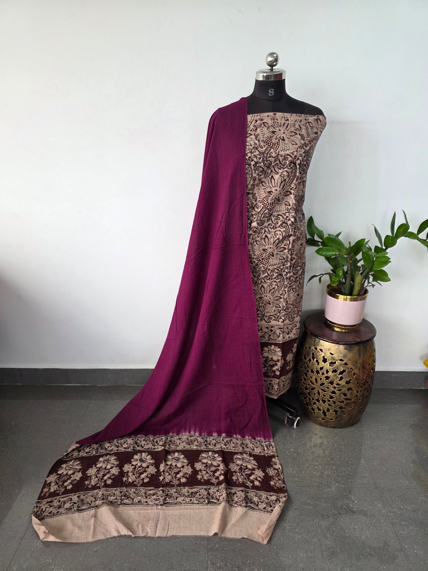 Handblock pure kalamkari cotton with border ( 2 pc set )- AK291