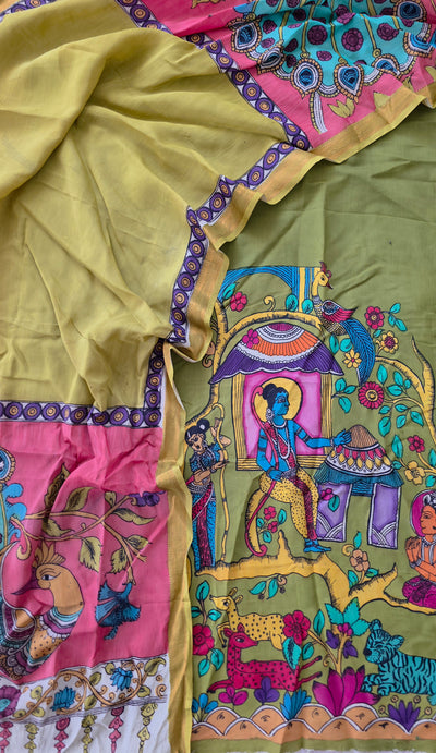 Handcrafted Kalahasthi Penkalamkari bangalore silk set - KH28