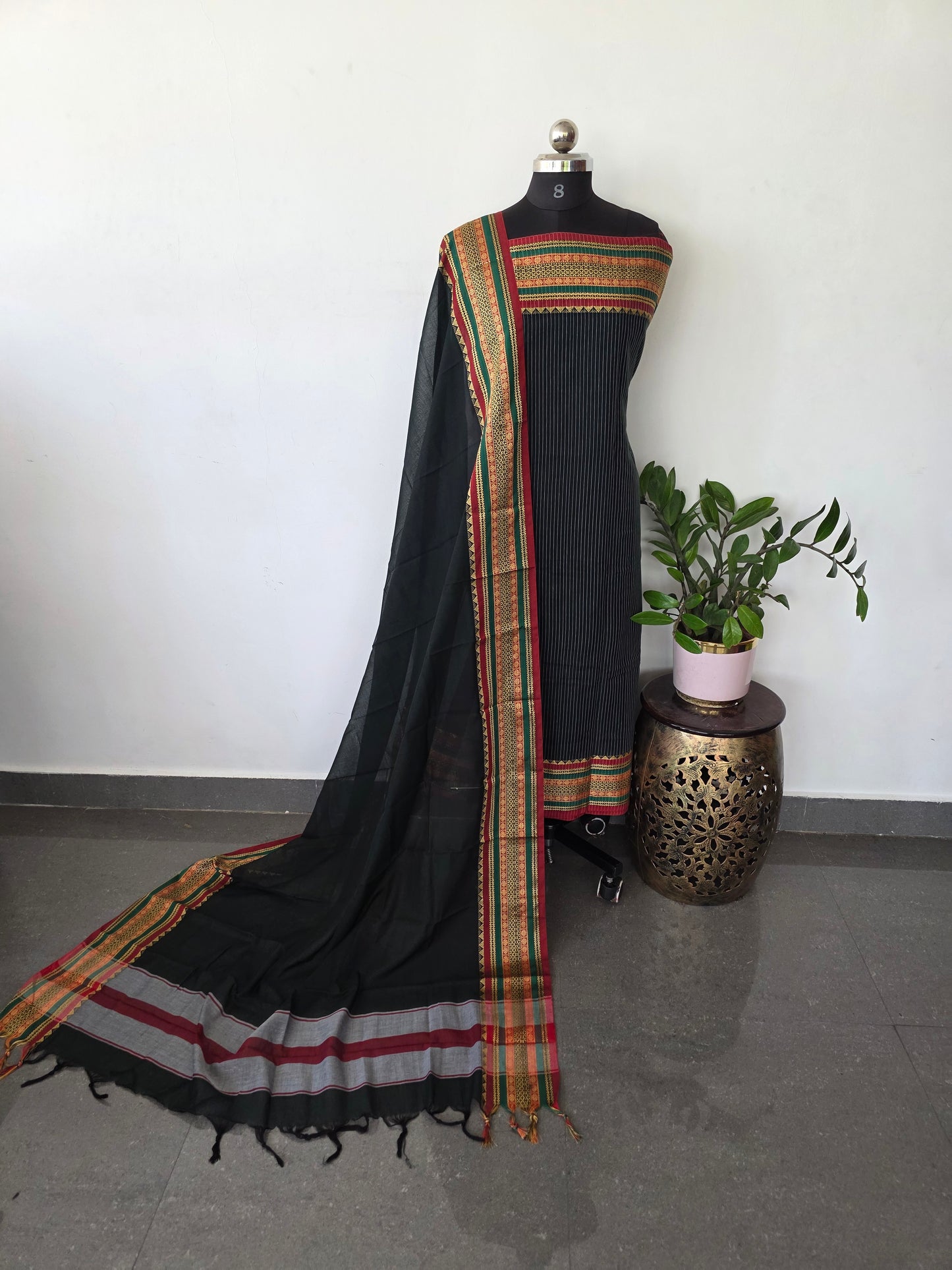 Mercerised stripes narayanapet salwar set (4.5 meters) (black)- NA426