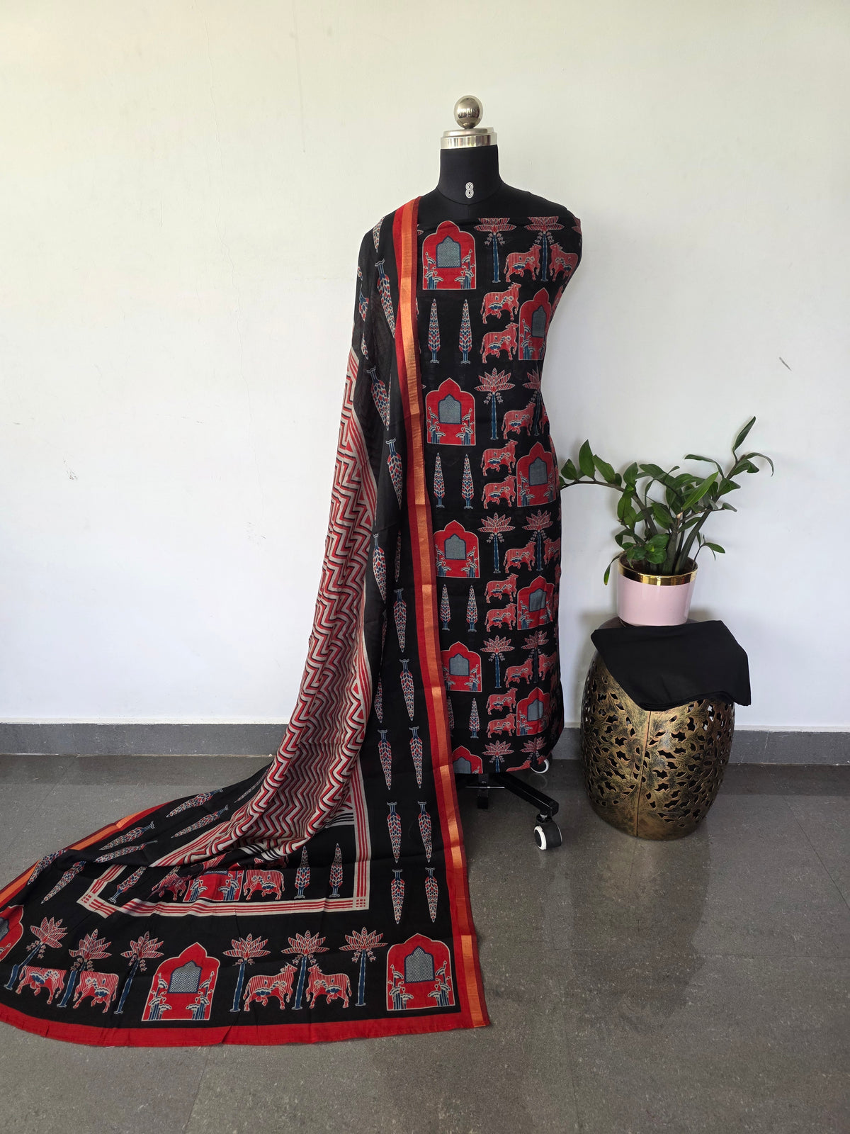 Ajrakh inspired semi maheshwari silk set(Black)-HZ378
