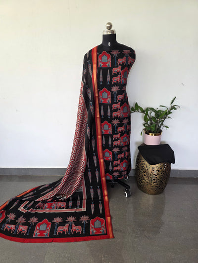 Ajrakh inspired semi maheshwari silk set(Black)-HZ378