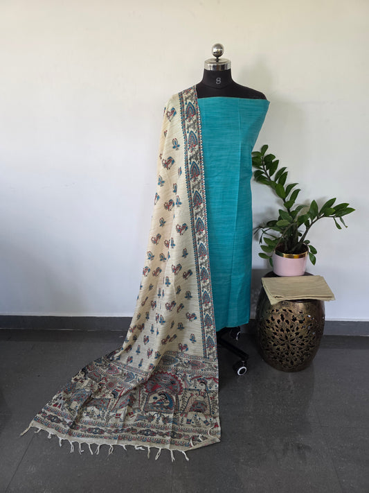 Bhagalpuri Cotton khadi set with Madhubani silk shawl - BA174