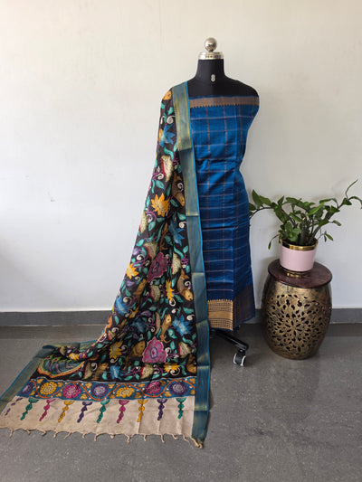 Handloom checked mangalagiri pattu silk top with penkalamkari duppatta -AK589