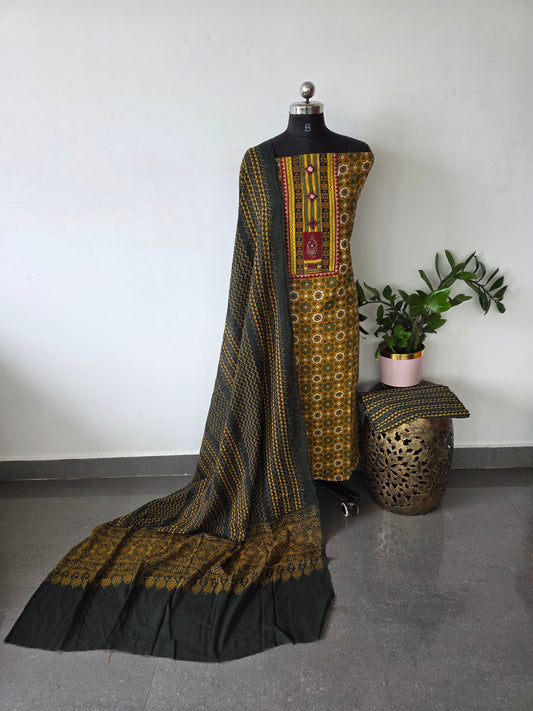 Premium ajrakh cotton with handwork mirror yoke salwar set - AS48