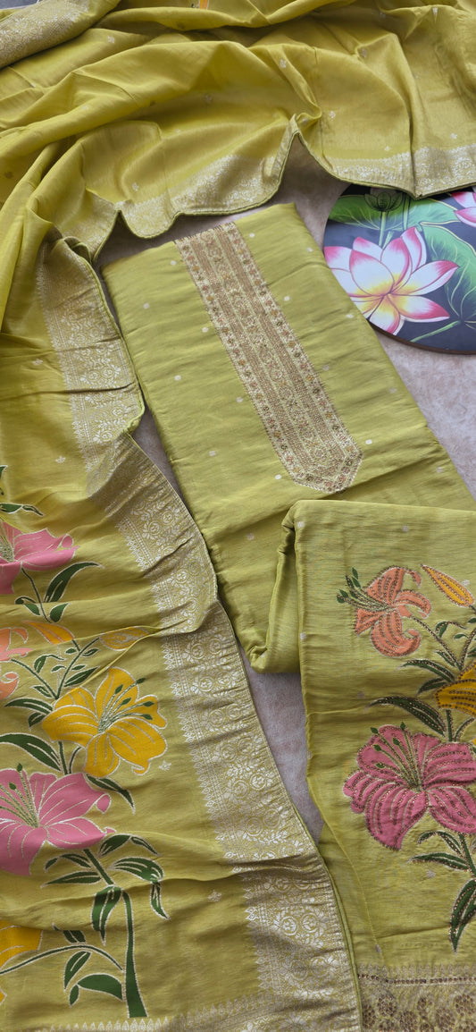 Premium fancy shimmer soft silk set - green