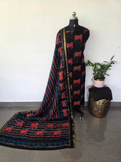 Ajrakh inspired semi maheshwari silk set (Black)-HZ385