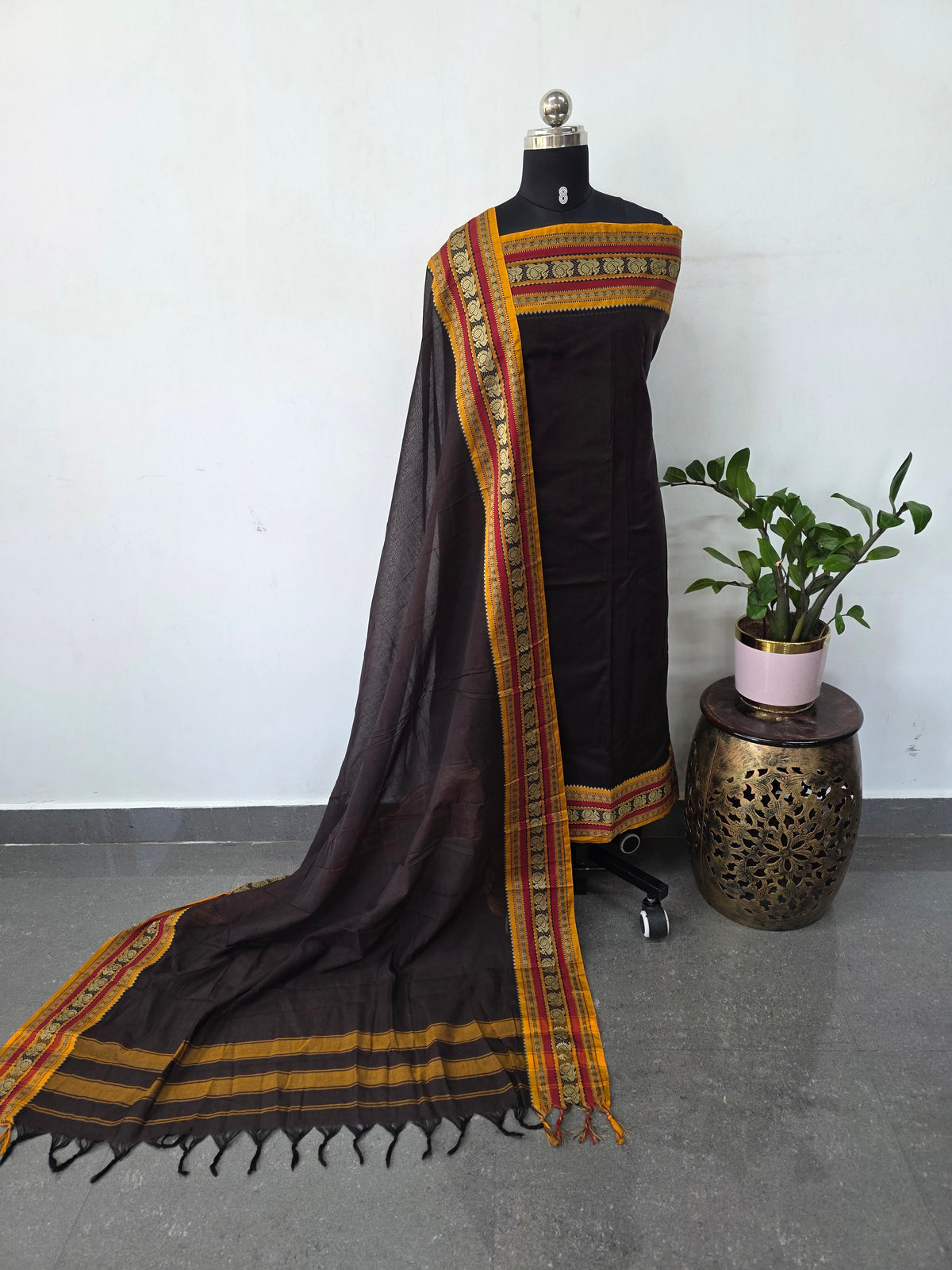 Mercerised narayanapet with peacock border salwar set(4.5 meters)(Brown)-NA738