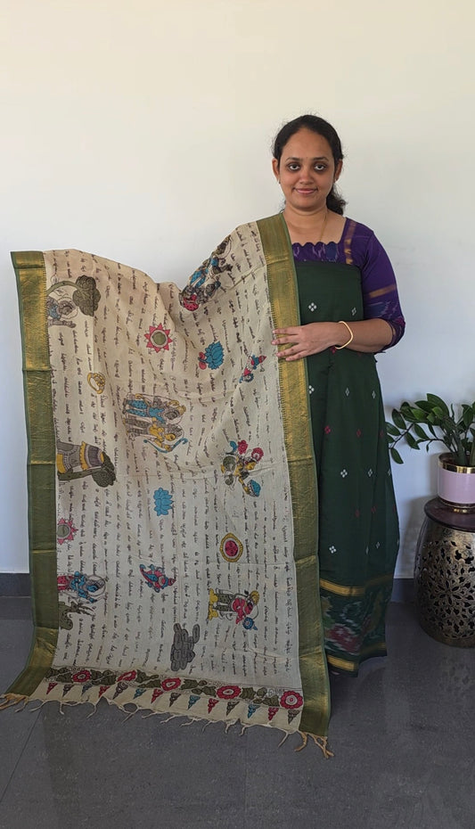 Pochampally Sico top with ramayana script penkalamkari silk shawl- SP12