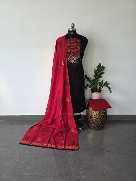 Pure ajrakh cotton set with silk shawl- black