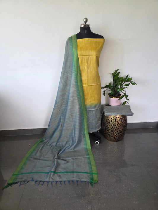 Bhagalpuri Cotton khadi set with temple border silk shawl - BA198