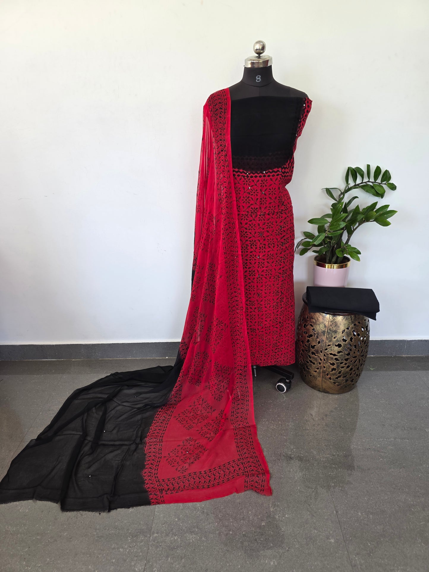 Handblock georgette salwar set with handwork mirror work- GE157