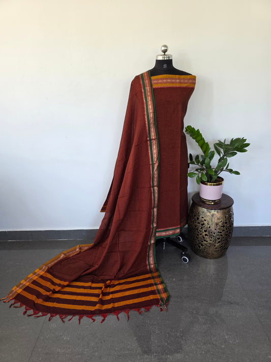 Mercerised checked narayanapet salwar set (brown) (4.5 mtrs)- NA45