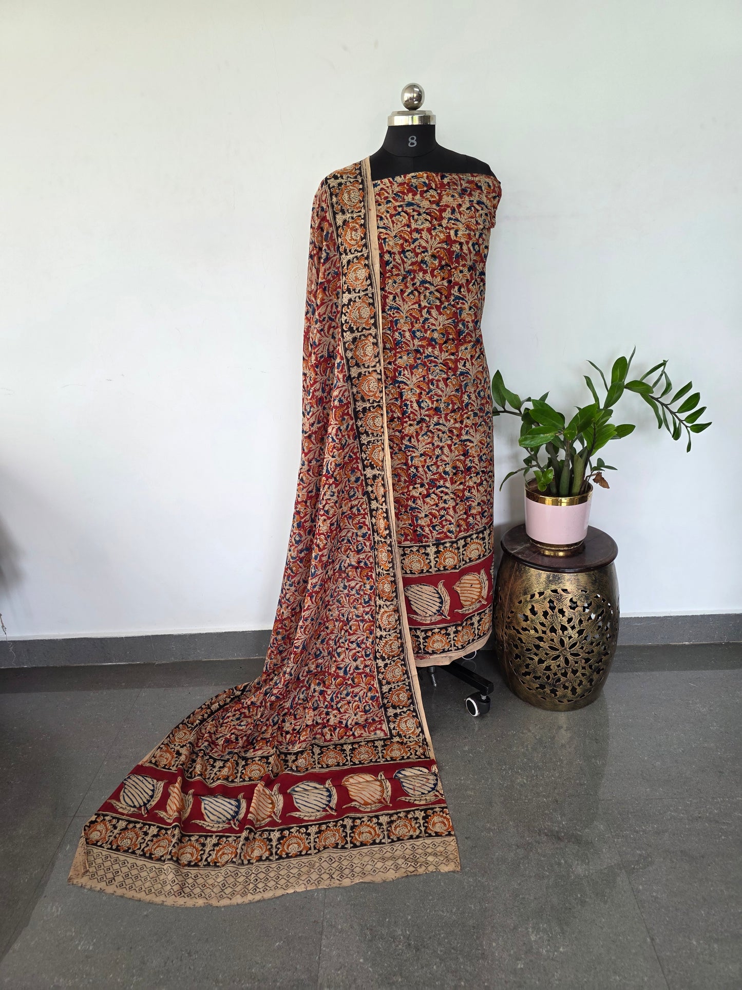 Handblock pure kalamkari cotton with border ( 2 pc set )- AK178