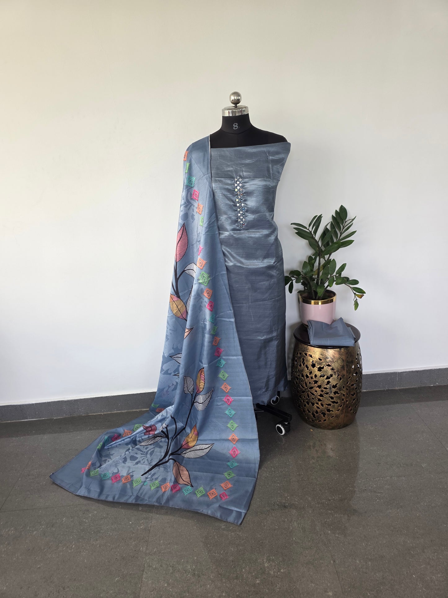 Fancy silk set with floral silk shawl- FSA7