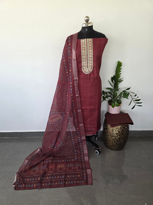 Premium linen cotton with embroidery neck set  - LC28