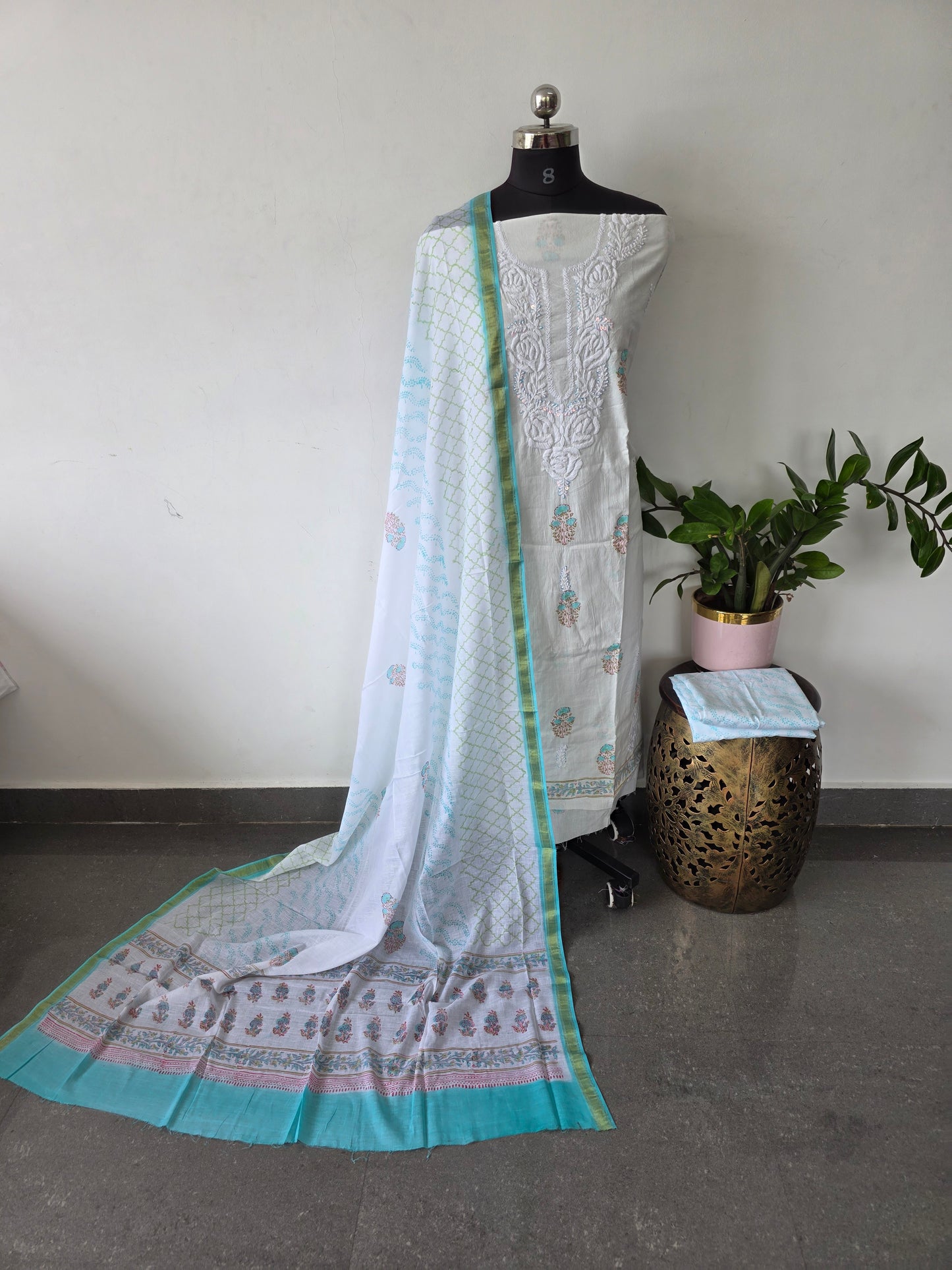 Chikankari handembroidery block printed soft cotton set - AS109