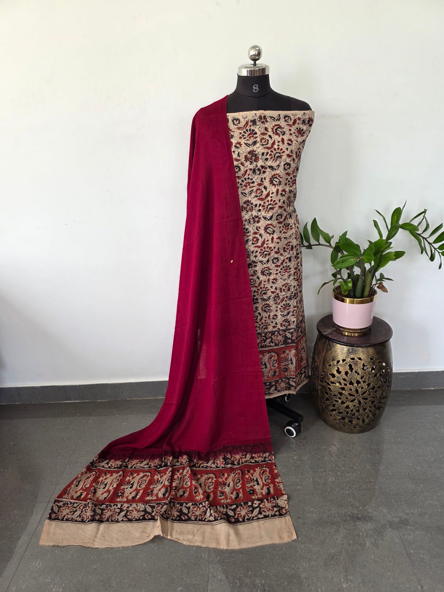 Handblock pure kalamkari cotton with border ( 2 pc set )- AK191